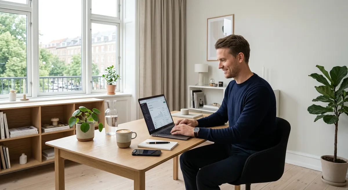 En person der arbejder på sin bærbare computer i et lyst skandinavisk kontor med fokus på webhosting til sin webshop